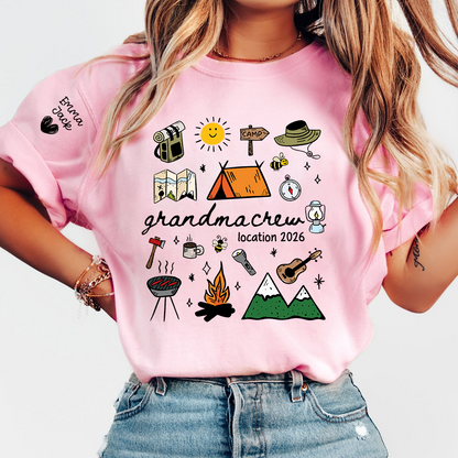 Custom Grandma Crew Camping T Shirt, Personalized Family Names Sleeve Design, Outdoor Adventure Tee for Grandma, Camp Lover Gift