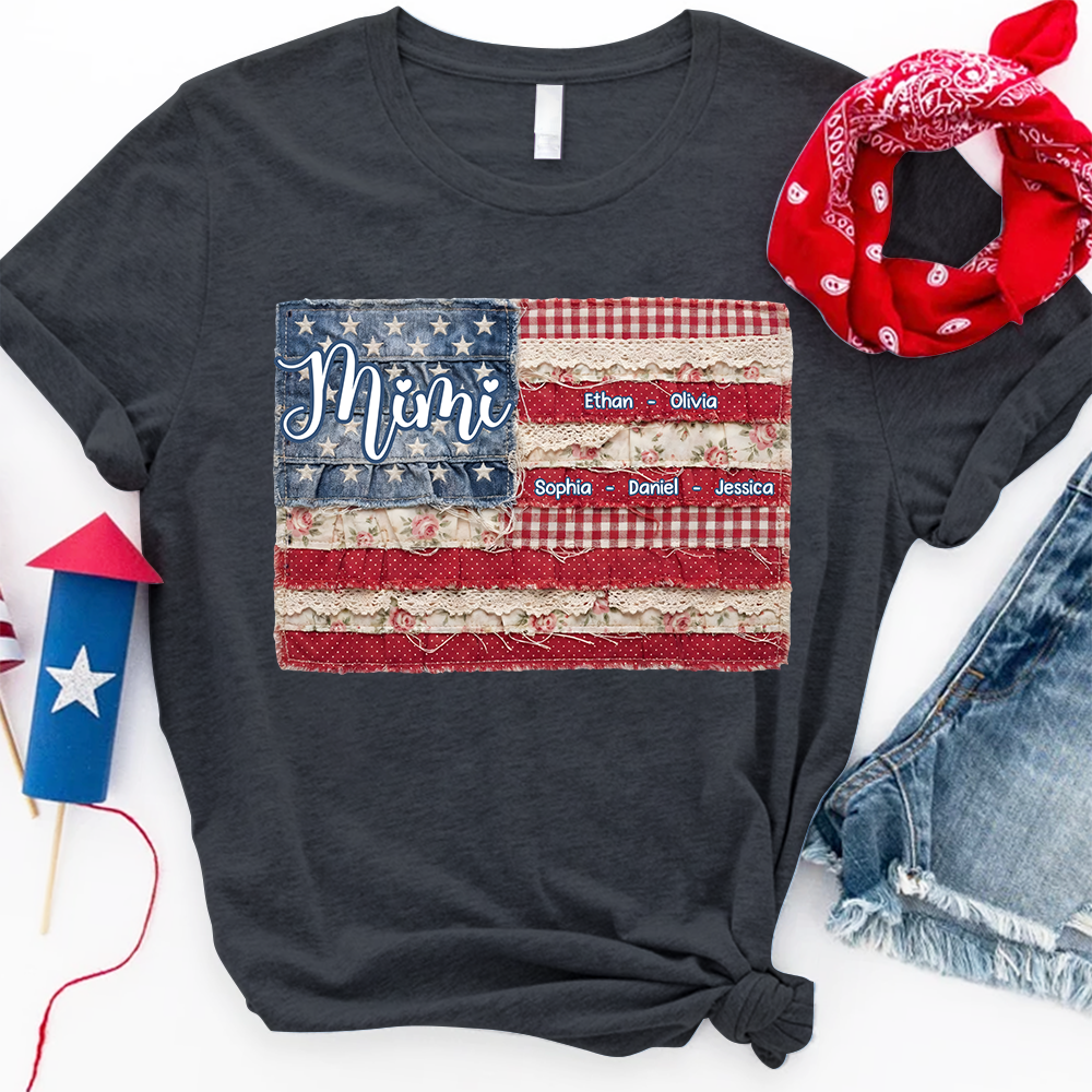 Personalized Mimi Shirt with Kids Names Patriotic American Flag Patchwork Design Custom Gift for Mom Grandma