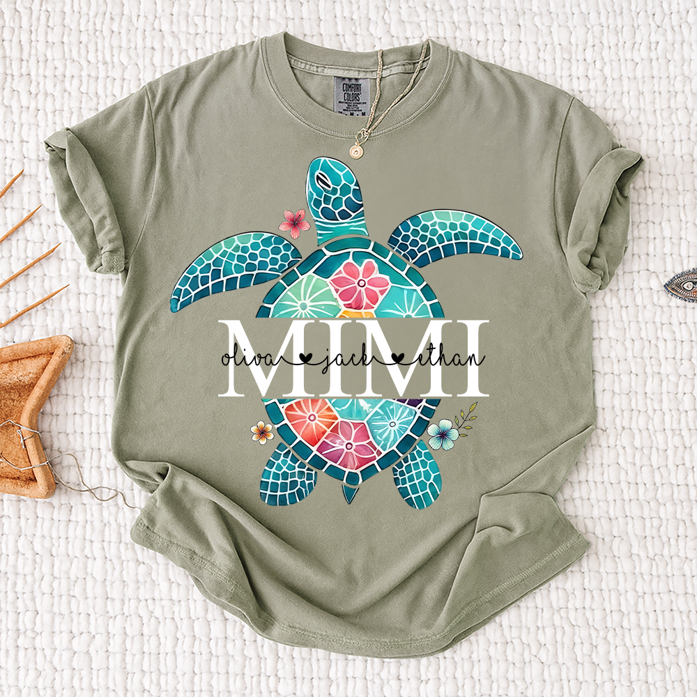 Comfort Colors® Personalized Mimi Sea Turtle Shirt, Custom Grandkids Names Beach Shirt, Coastal Summer Vacation Shirt for Grandma, Ocean Lover Gift for Mimi Nana Gigi
