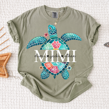 Comfort Colors® Personalized Mimi Sea Turtle Shirt, Custom Grandkids Names Beach Shirt, Coastal Summer Vacation Shirt for Grandma, Ocean Lover Gift for Mimi Nana Gigi