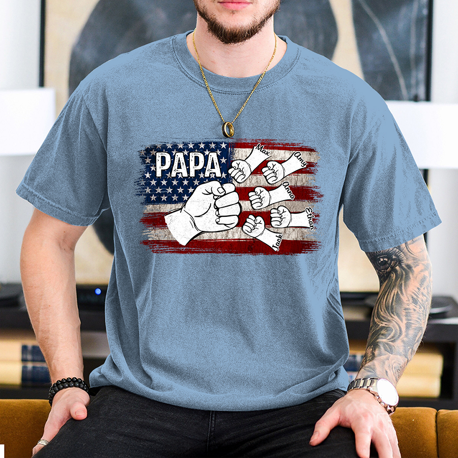Comfort Colors® Papa Fist Bump Shirt with Kids Names – American Flag Custom T-Shirt for Dad