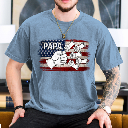 Comfort Colors® Papa Fist Bump Shirt with Kids Names – American Flag Custom T-Shirt for Dad
