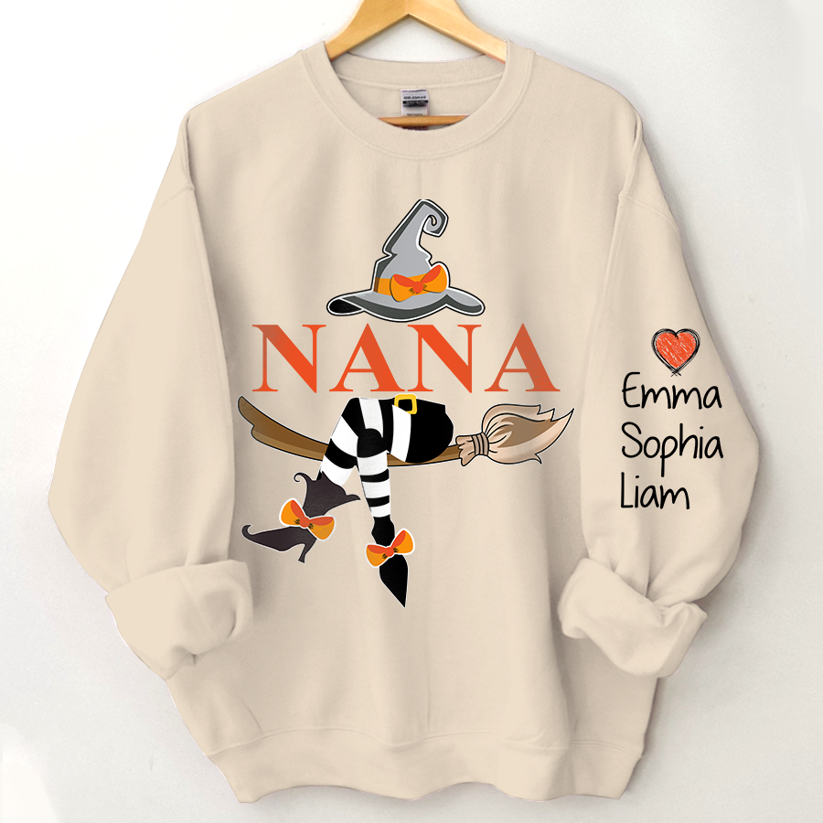 Personalized Nana Witch Halloween Sweatshirt, Custom Grandma With Grandkids Holiday Sweatshirt
