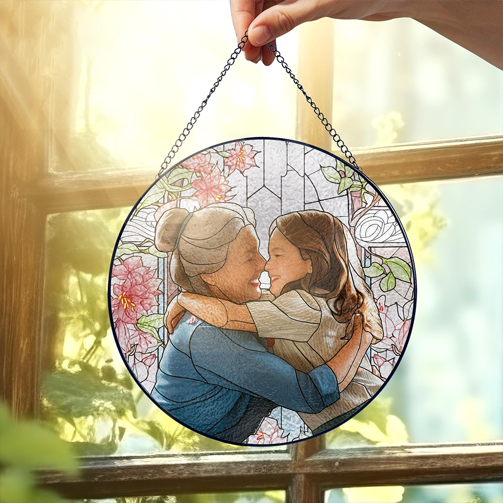 Personalized Grandma And Grandkid Stained Glass Suncatcher, Custom Photo Family Window Hanging Ornament, Birthday, Mother's Gift For Grandma