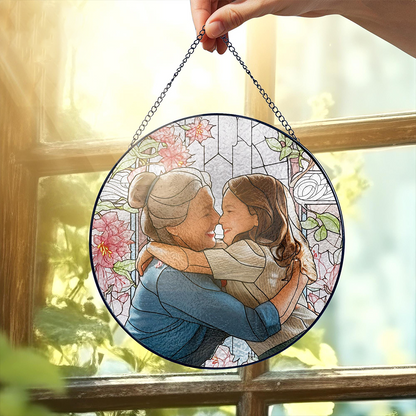 Personalized Grandma And Grandkid Stained Glass Suncatcher, Custom Photo Family Window Hanging Ornament, Birthday, Mother's Gift For Grandma