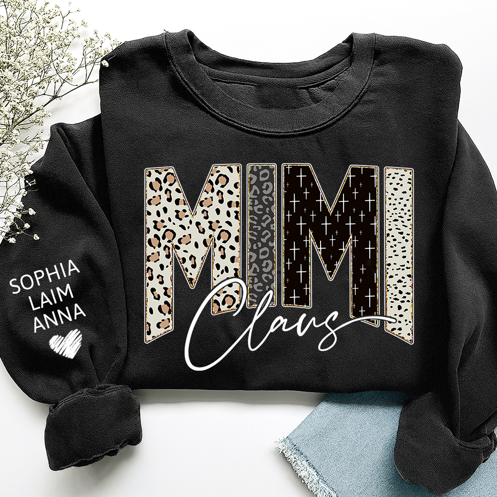 Personalized Mimi Claus Leopard Sweatshirt – Custom Bible Style Design, Unique Gift for Grandma and Her Grandkids