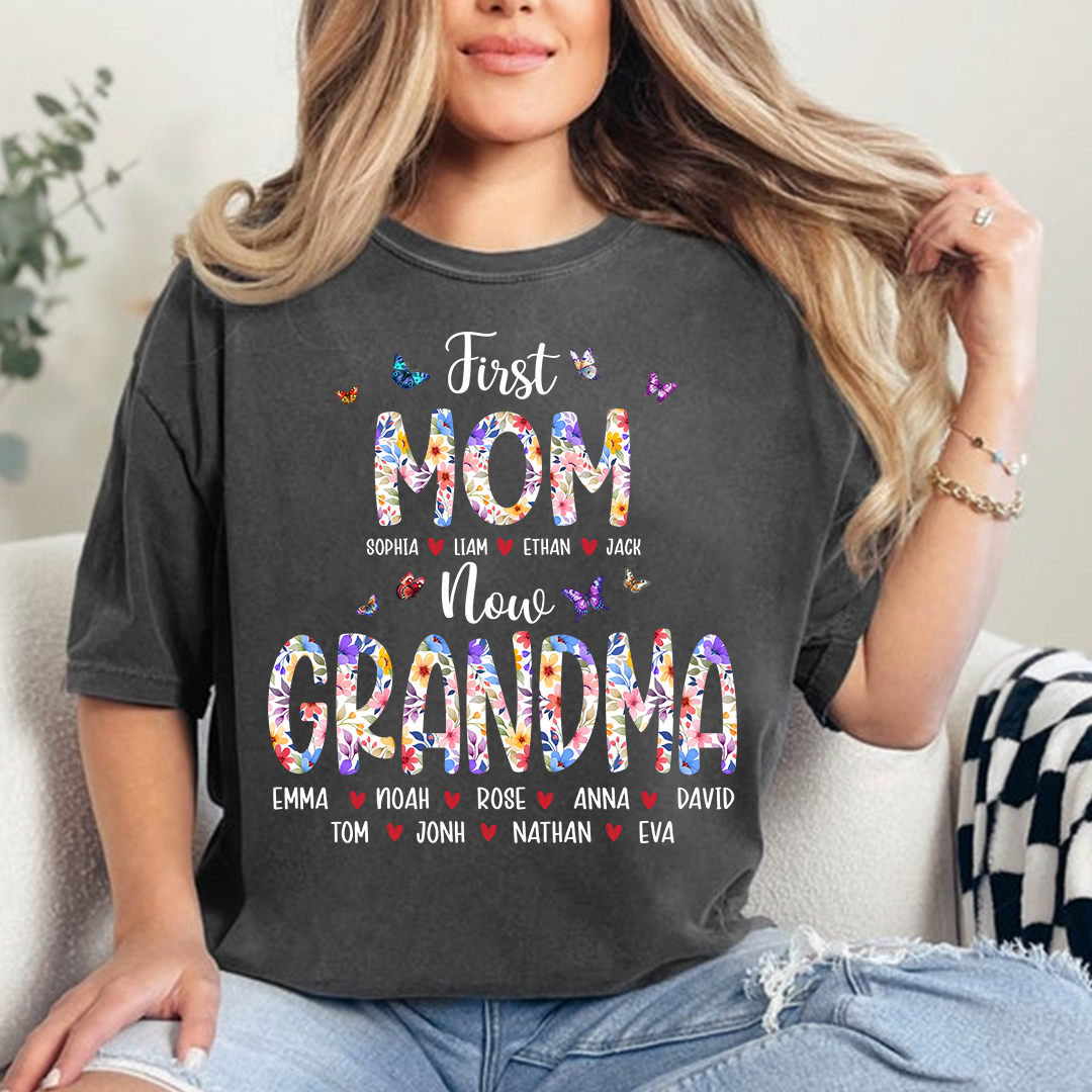 First Mom I Love Grandma Shirt, Personalized Grandma T-Shirt with Custom Family Names