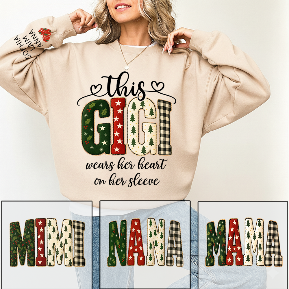 Vintage Grandma Sweatshirt, Patchwork Holiday Letters Sublimation, Grandma Wears Heart on Sleeve