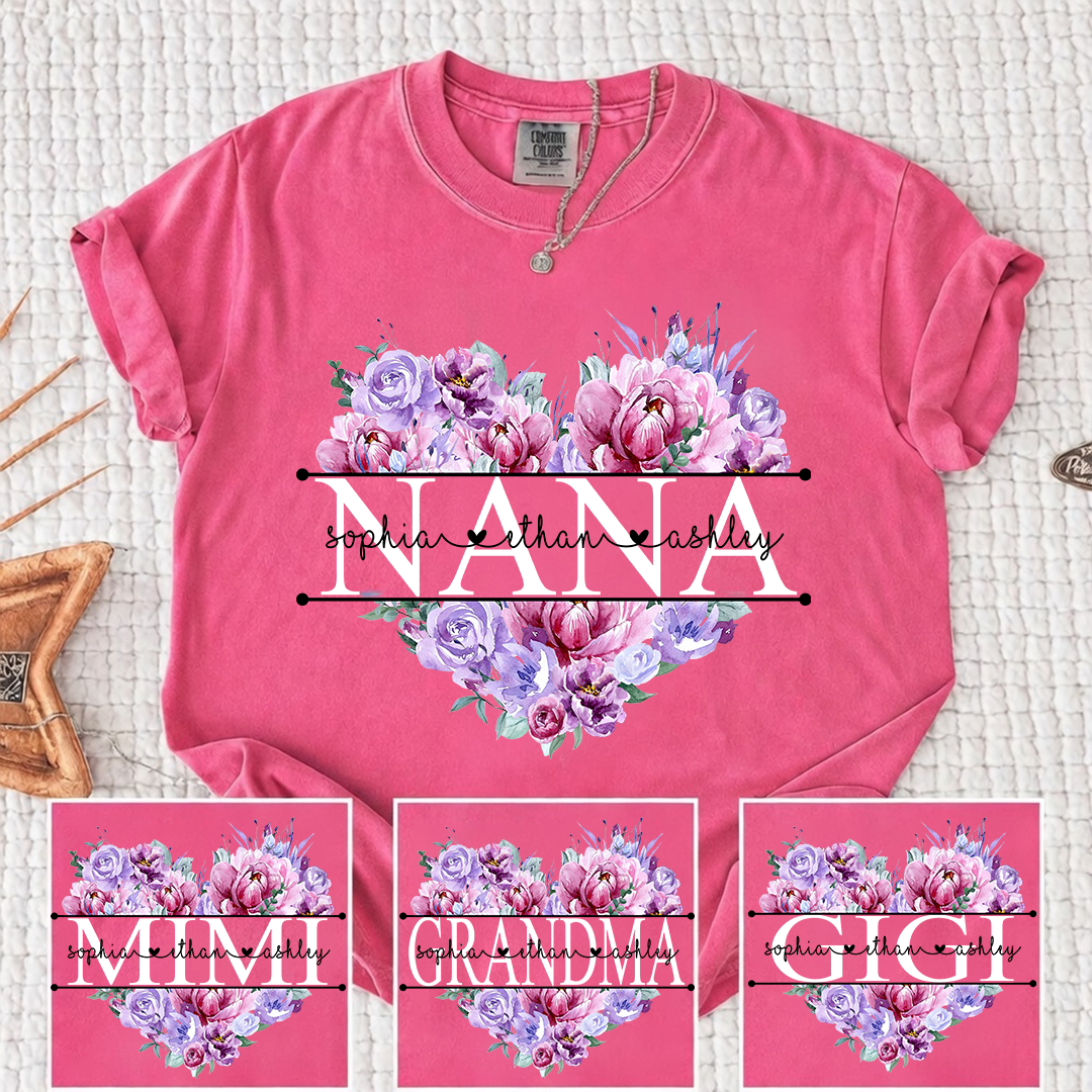 Comfort Color Personalized Nana Shirt Purple Floral Heart Design Custom Grandma Mimi Gigi Name Tee with Grandkids Names Elegant Family Outfit for Women