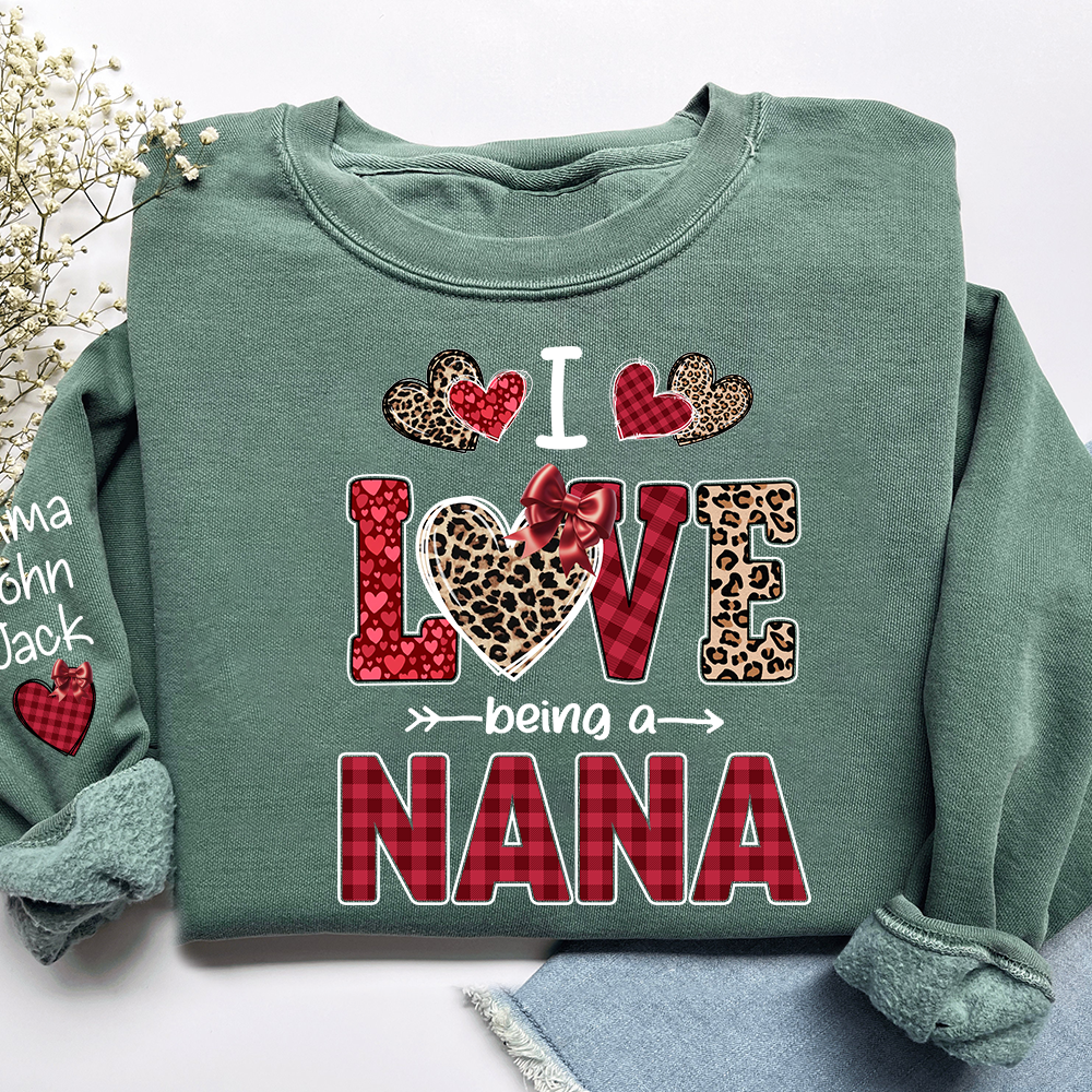 I Love Being a Nana Sweatshirt, Leopard and Plaid Heart Valentine Family Crewneck