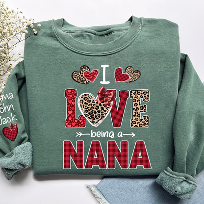 I Love Being a Nana Sweatshirt, Leopard and Plaid Heart Valentine Family Crewneck