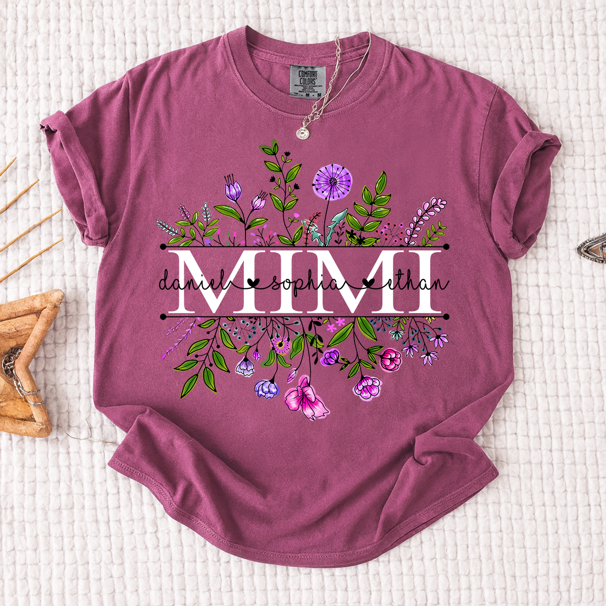 Comfort Colors Custom Mimi Shirt, Floral Graphic with Personalized Grandkids Names, Perfect Gift for Grandma