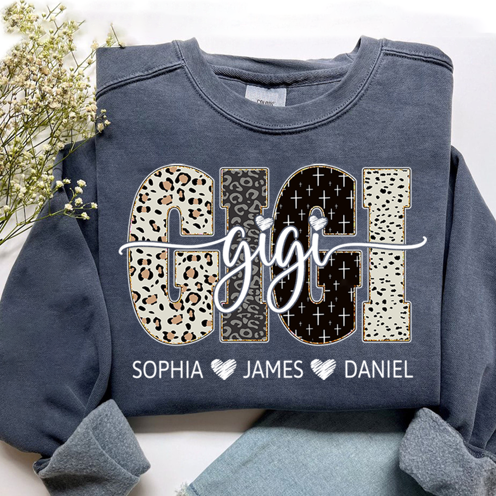 Personalized GiGi Sweatshirt With Grandkids Names, Custom Leopard Print Grandma Pullover