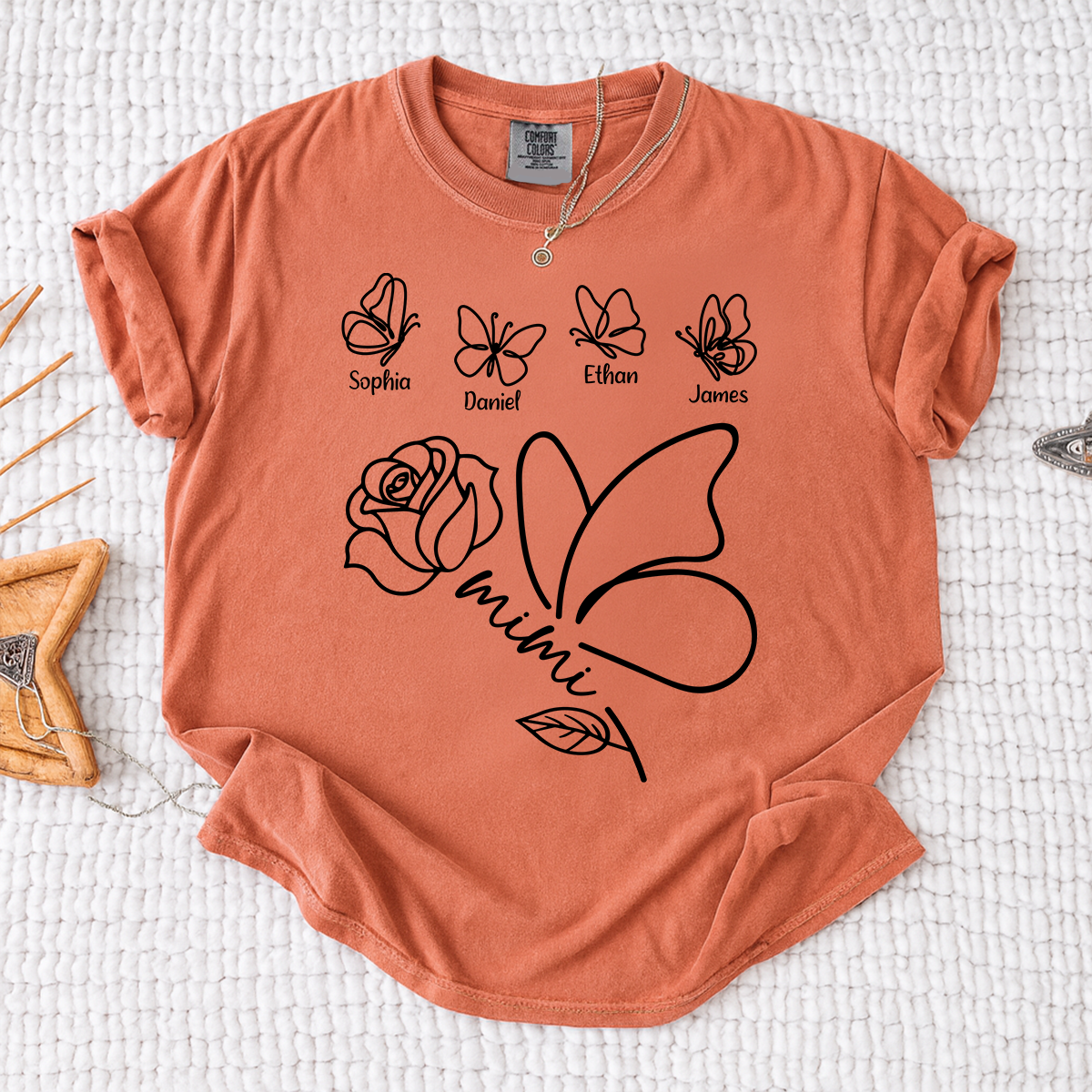 Comfort Colors Custom Mimi Shirt, Butterfly and Rose Graphic, Personalized with Kids Names, Family Gift
