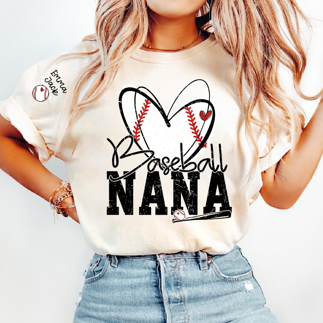 Baseball Nana Shirt, Personalized Family T Shirt with Custom Grandkids Names and Heart Design