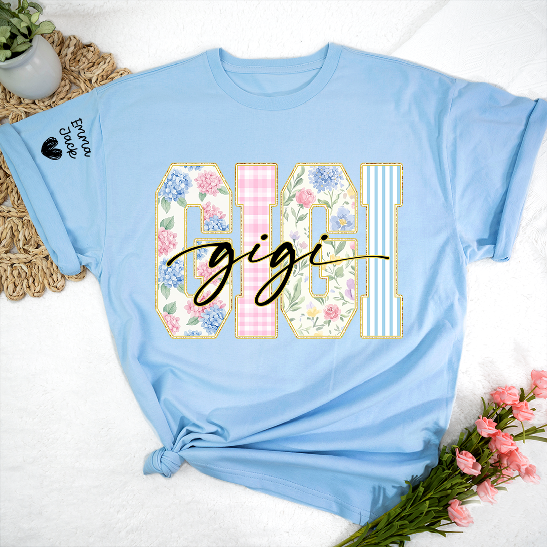 Custom Gigi T Shirt for Women, Personalized Grandma Tee, Floral Pattern Letters Graphic Shirt, Family Love Gift for Gigi