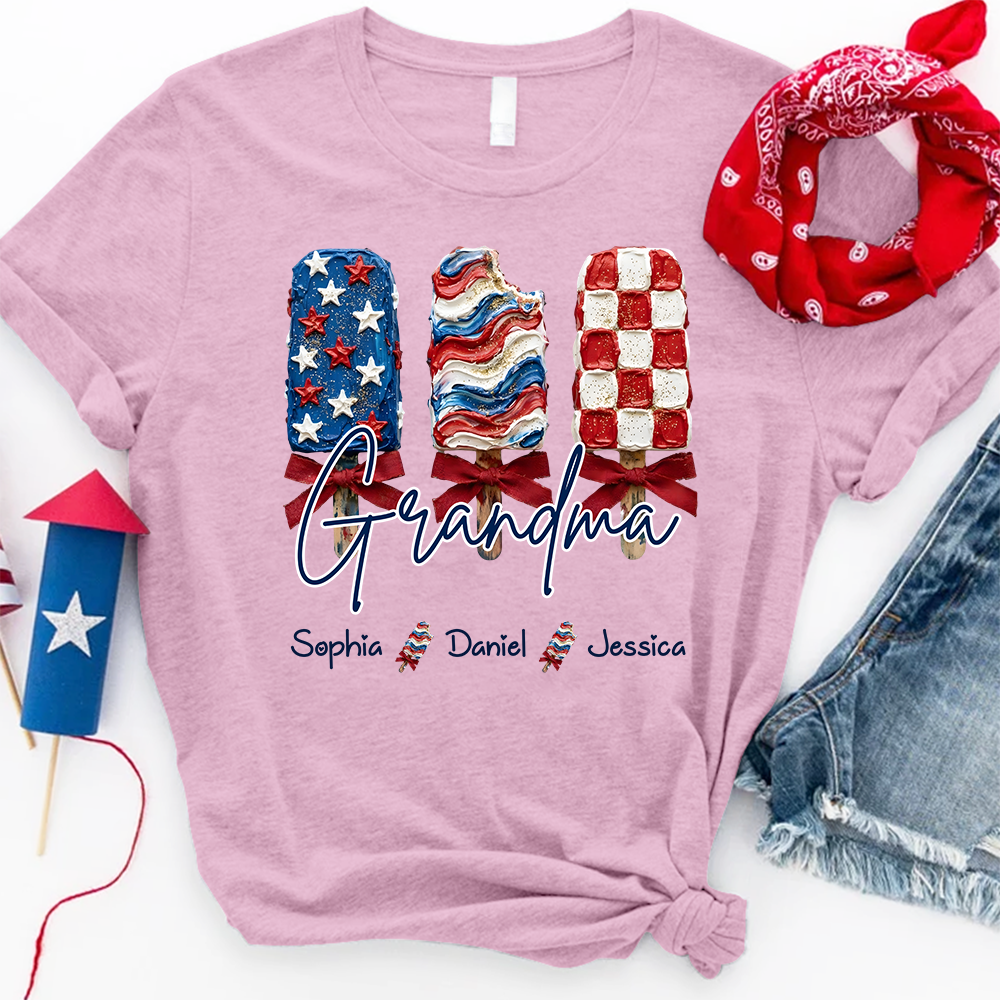 Personalized Grandma Patriotic Popsicle Shirt, Custom Grandma 4th of July T Shirt with Kids Names, Family Summer Gift
