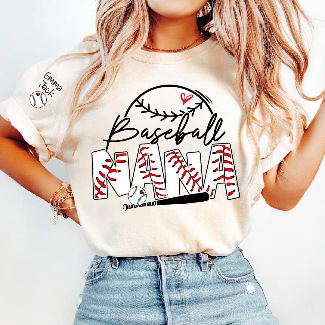Baseball Nana Shirt Personalized with Grandkids Names, Sports Heart and Bat Family T Shirt