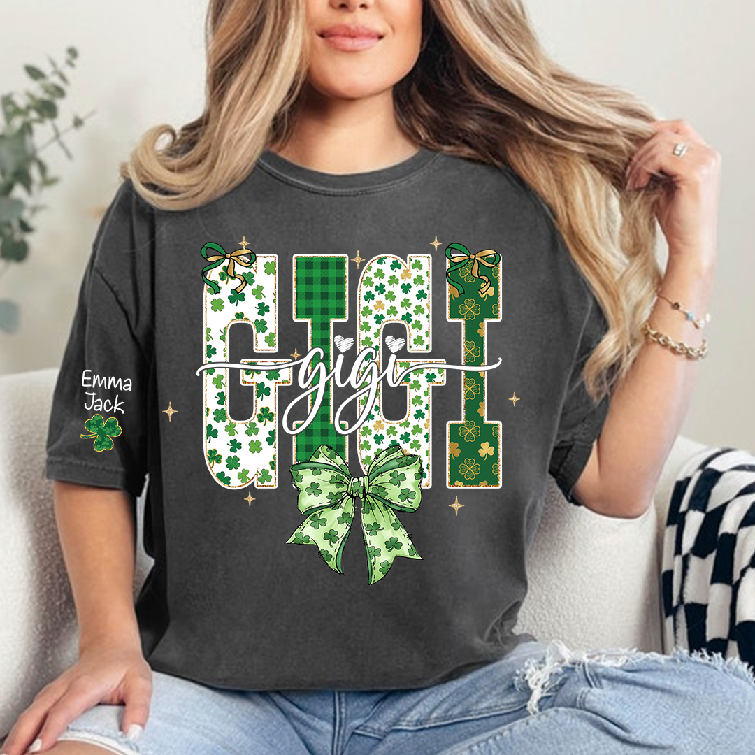 Lucky Gigi St Patrick’s Day T Shirt, Green Clover Bow Design, Gift For Grandma And Grandchildren