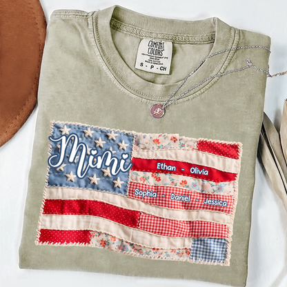 Comfort Colors Personalized Mimi Shirt with Family Names, Custom American Flag Design, Ideal Gift for Grandmother