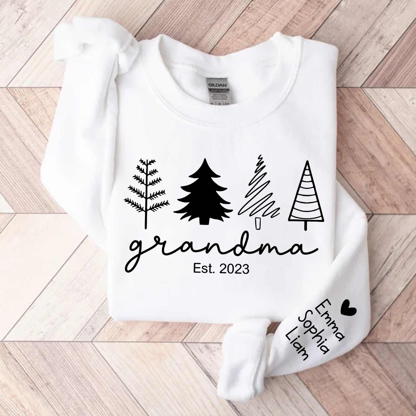 Christmas Tree Sweatshirt, Custom Grandma Est & Kids, Grandma Gift TH Sweatshirt