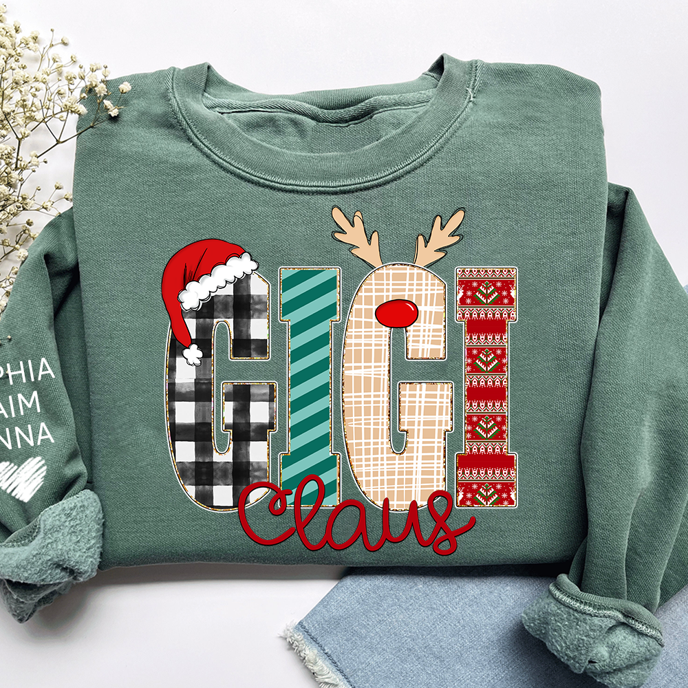 Gigi Claus Christmas Sweatshirt – Personalized Holiday  with Child’s Name on Sleeve Sweatshirts