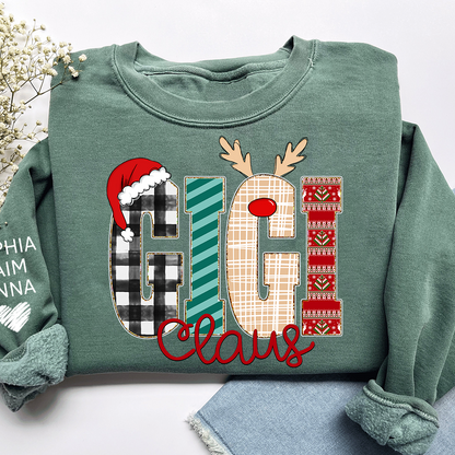 Gigi Claus Christmas Sweatshirt – Personalized Holiday  with Child’s Name on Sleeve Sweatshirts