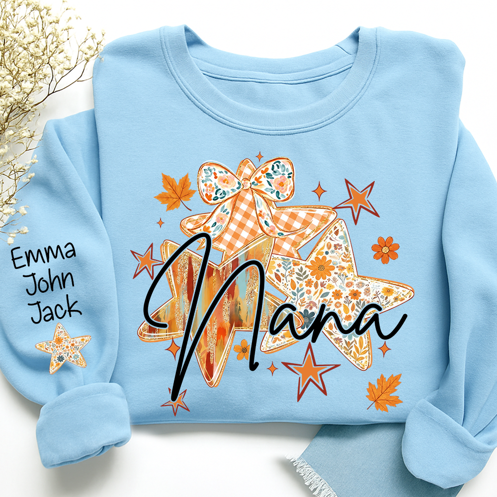 Personalized Nana Shirt for Women, Autumn Star Floral Design Tee, Custom Grandma T Shirt, Cozy Family Gift