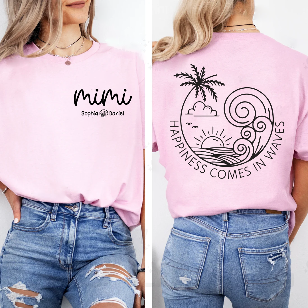 Custom Mimi Shirt with Kids Names, Happiness Comes in Waves Beach Tee, Personalized Grandma Summer Vacation Apparel