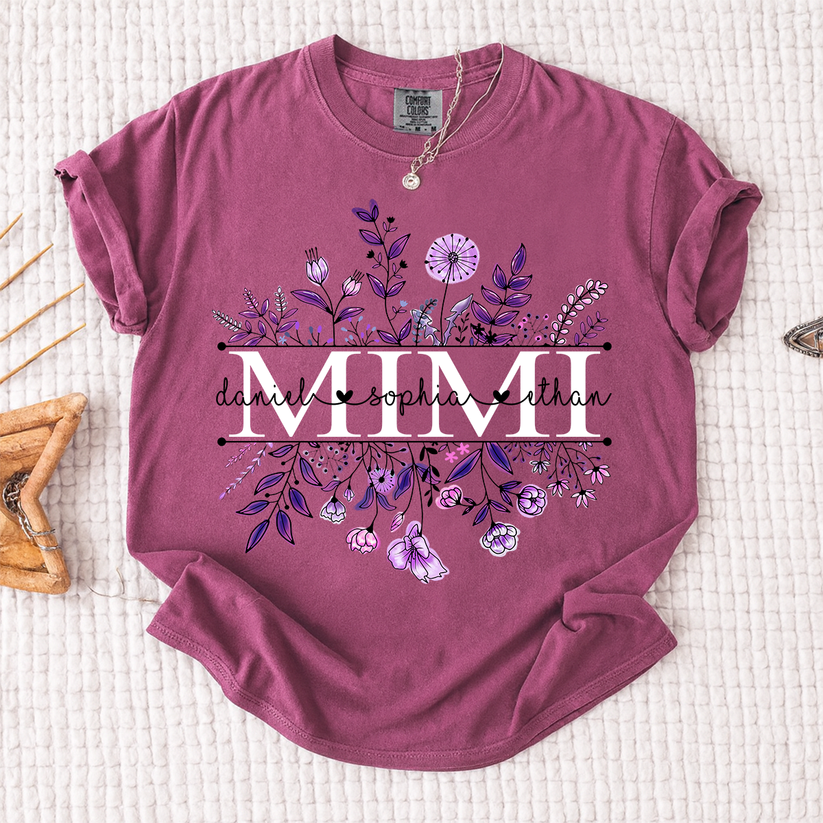 Comfort Colors Personalized MIMI T Shirt, Customizable with Family Names, Stunning Floral Design with Purple Flowers
