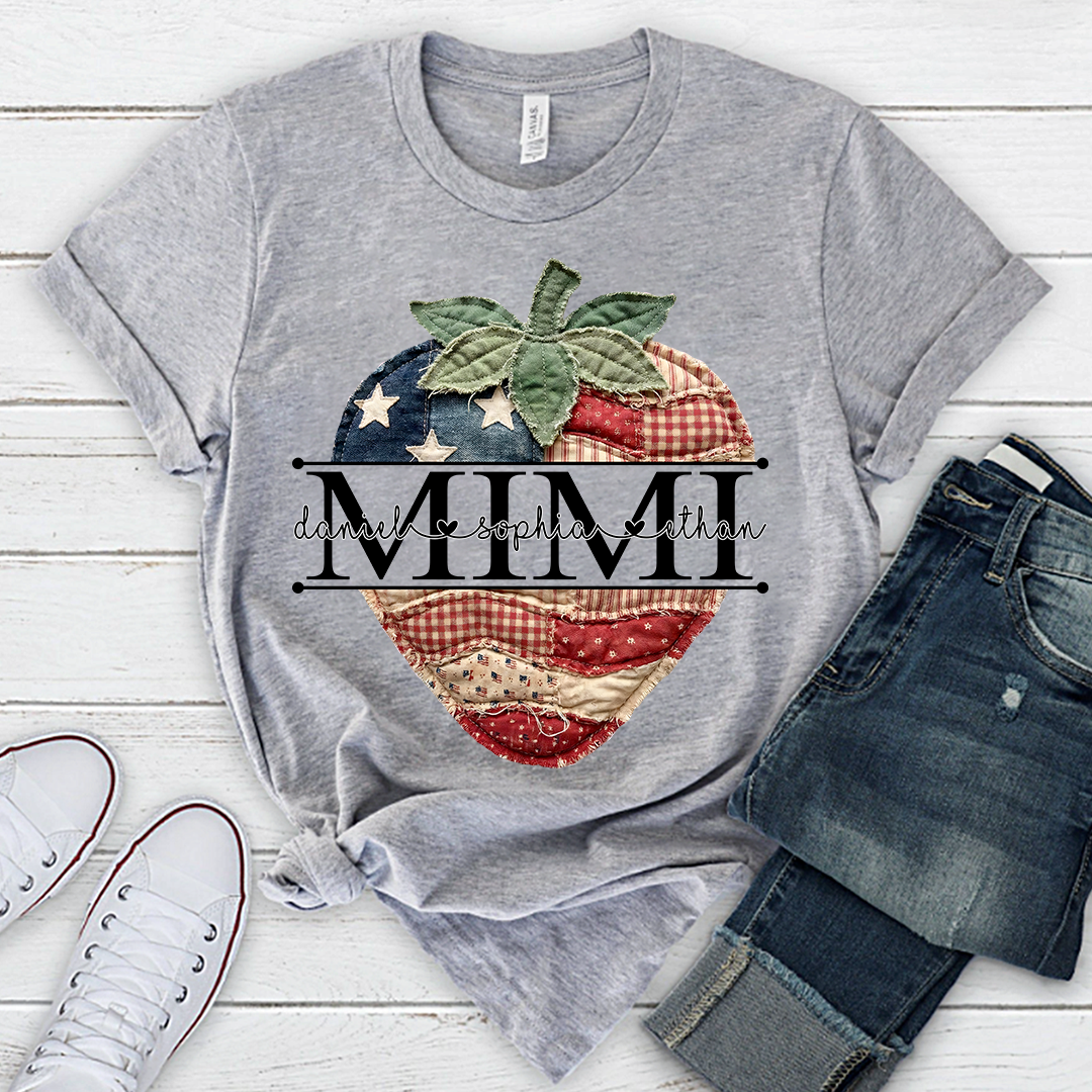 Custom 4th of July Mimi Strawberry T-Shirt, Personalized Patriotic Red White Blue Tshirt