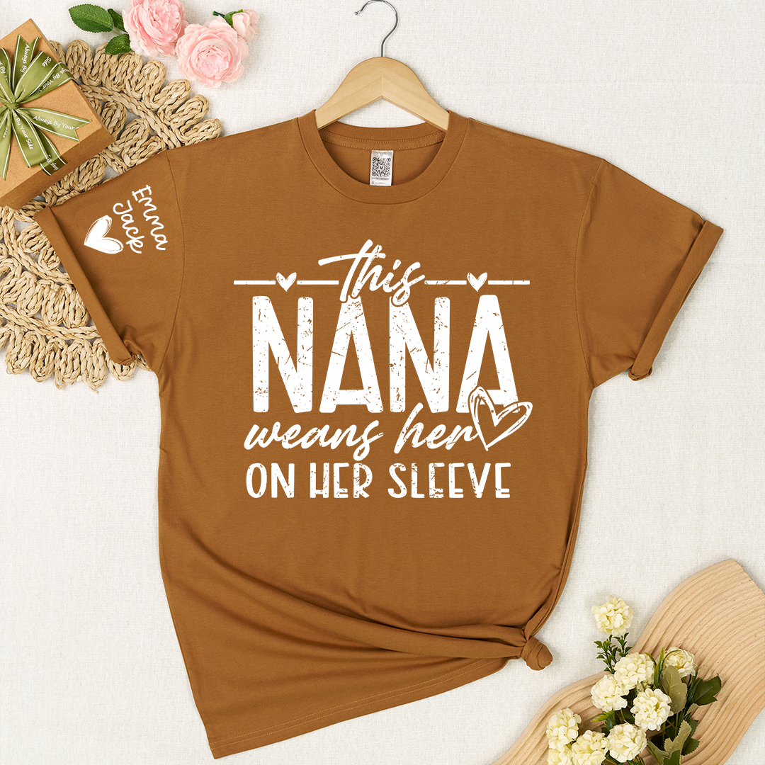 Nana Heart On Her Sleeve T Shirt, Personalized Grandchildren Names Gift