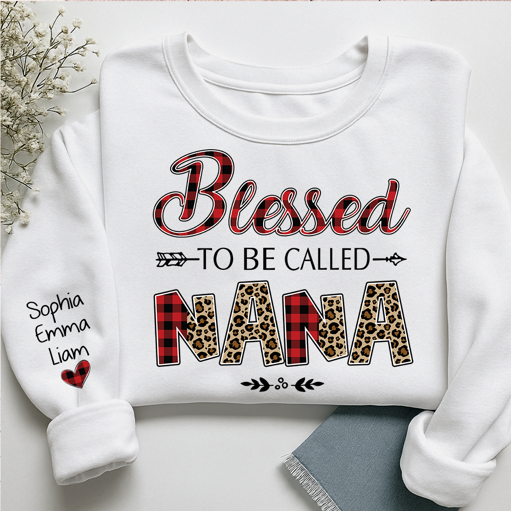 Personalized Blessed To Be Called Nana Sweatshirt With Grandkids Names, Custom Grandma Gift, Leopard Plaid Nana Crewneck