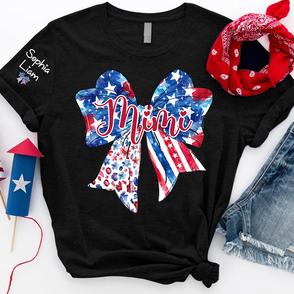 Custom Mimi Shirt with Sleeve Names, American Flag Bow Graphic Tee, Patriotic Grandma Independence Day Apparel