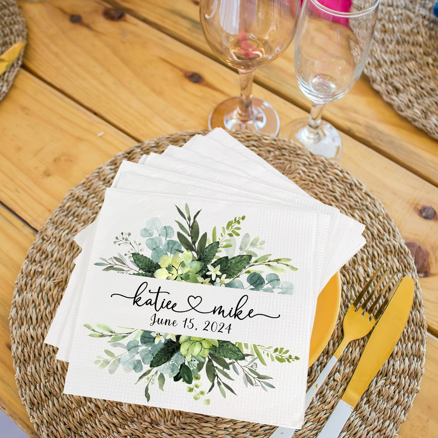 Custom Floral Wedding Napkins – Personalize with Your Names & Wedding Date – Elegant Greenery Design