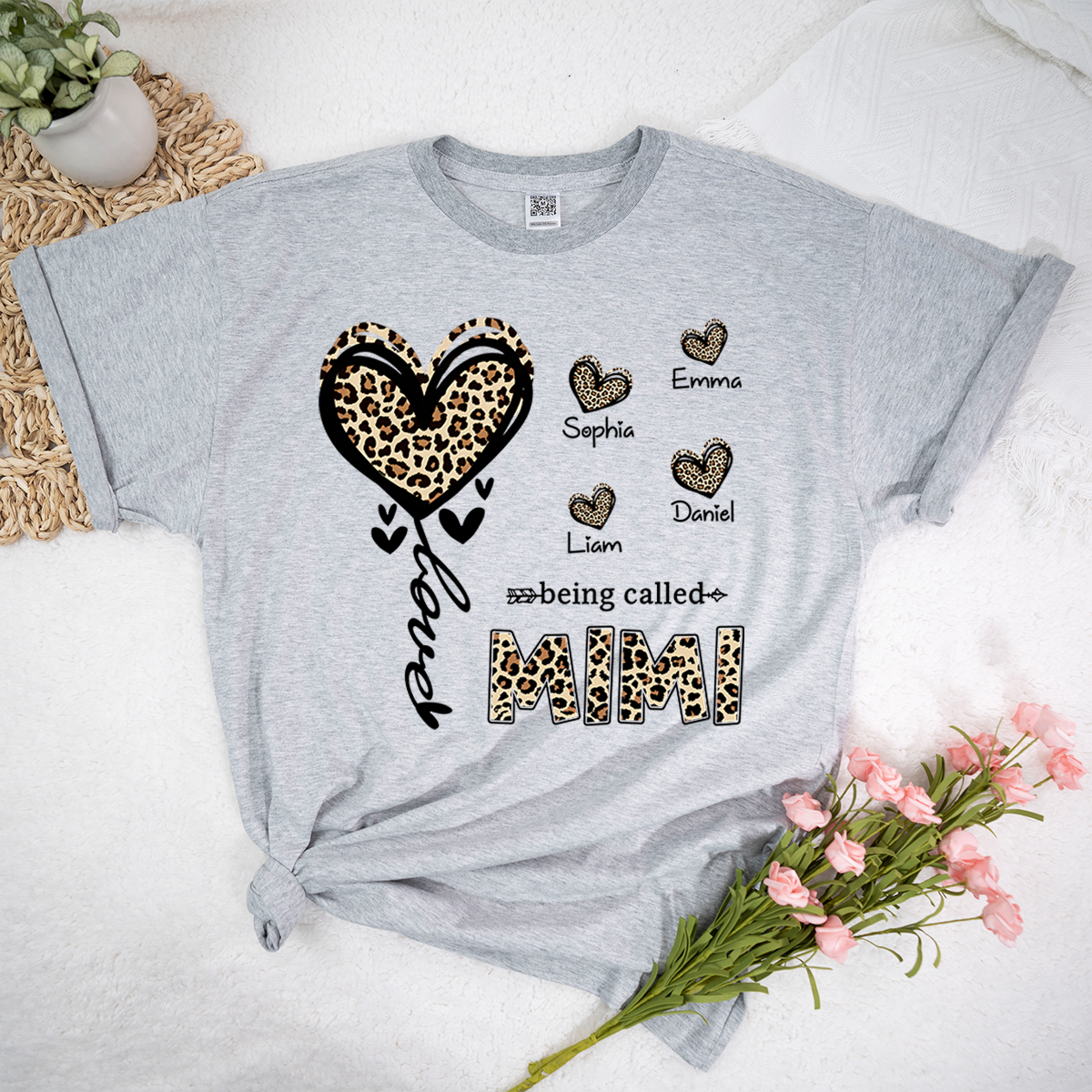 Personalized Mimi Grandma Shirt with Grandkids Names, Leopard Heart Being Called Mimi T-Shirt