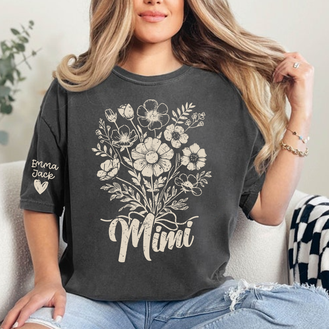 Personalized Mimi Shirt with Vintage Flower Graphic, Custom Names Family Gift