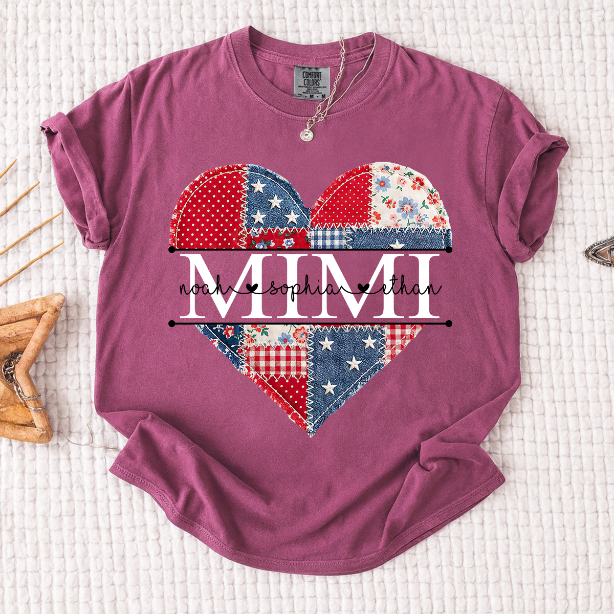 Comfort Colors Personalized Mimi Shirt with Grandkids Names, Patriotic Heart Patchwork Design