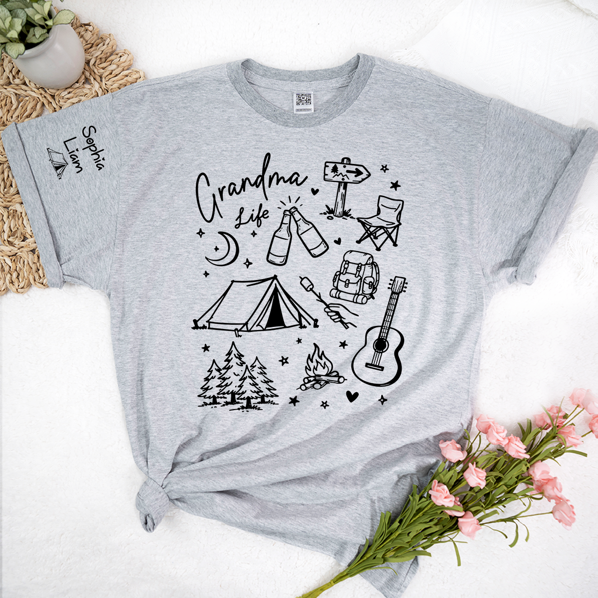 Custom Grandma Life Shirt, Camping Gear and Adventure Icons, Personalized with Name, Outdoor Fun T Shirt for Grandma