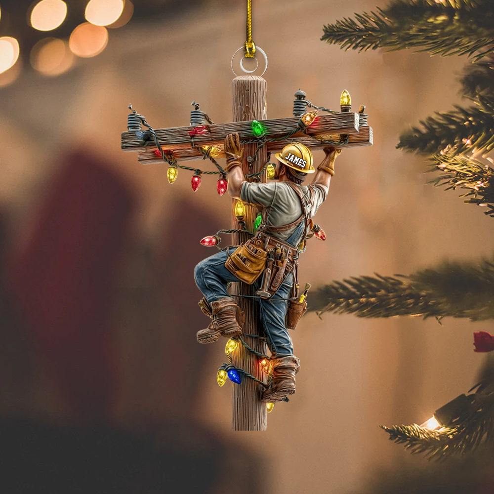 Personalized Lineman Ornament 2025 – Custom Name Electrician Climbing Pole Christmas Ornament Gift for Lineman Ornament