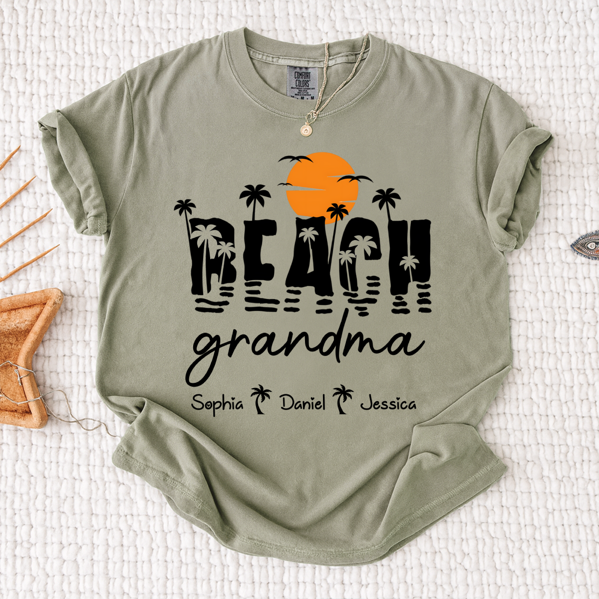 Comfort Colors Personalized Tropical Grandma Shirt – Custom Beach Sunset Palm Tree Tee with Grandchildren Names, Vacation Gift for Her