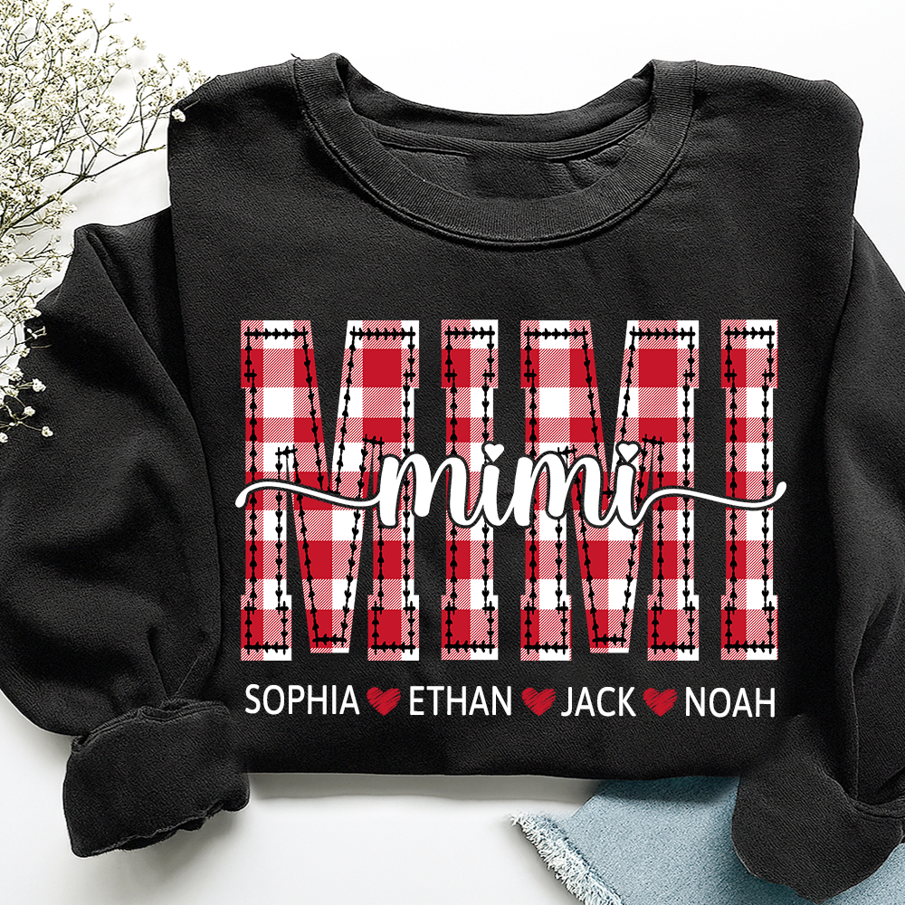 Personalized Gigi Grandma Sweatshirt, Plaid Holiday Shirt with Grandchildren Names