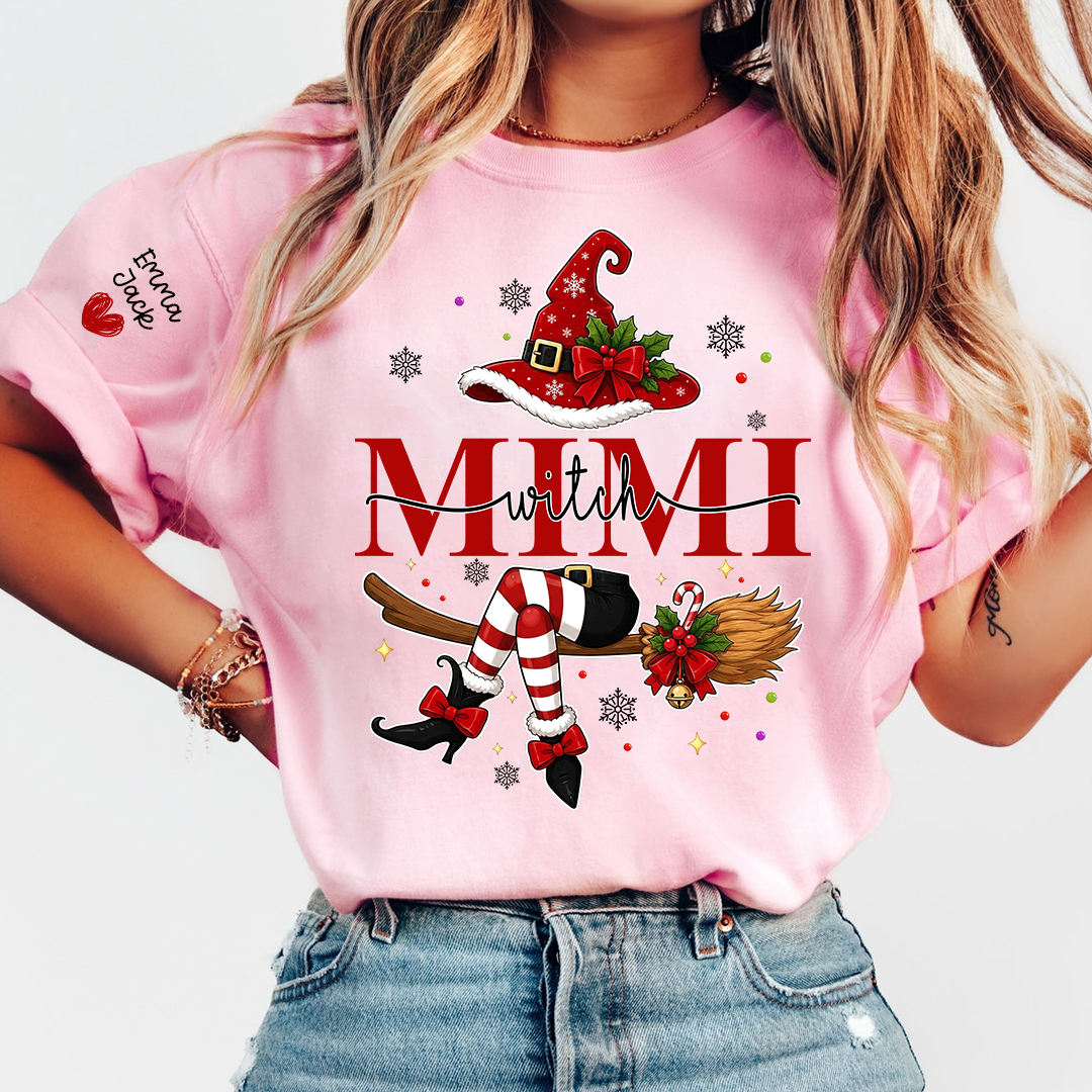 Mimi Christmas Shirt for Women, Cute Holiday Santa Witch Design Tee, Personalized Grandma Family Gift T Shirt