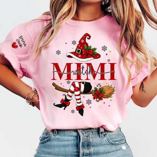 Mimi Christmas Shirt for Women, Cute Holiday Santa Witch Design Tee, Personalized Grandma Family Gift T Shirt