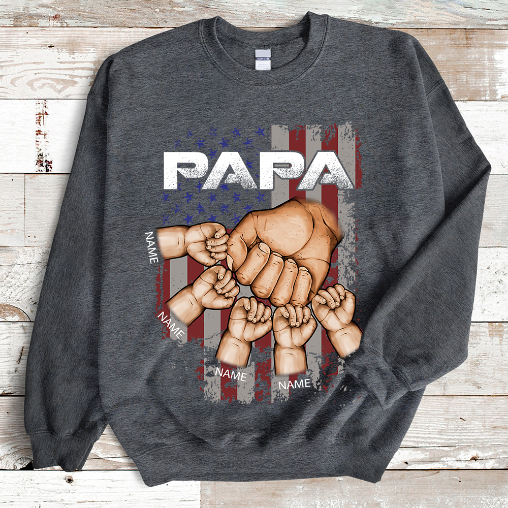 Grandpa America Flag And Fist Bump Print Custom Grandkids Name Independence Day Sweatshirt