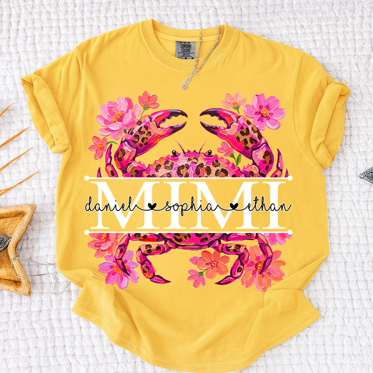 Comfort Colors® Personalized Mimi Crab Shirt with Grandkids Names, Custom Grandma Tee, Floral Leopard Beach Design T Shirt for Mimi Gift