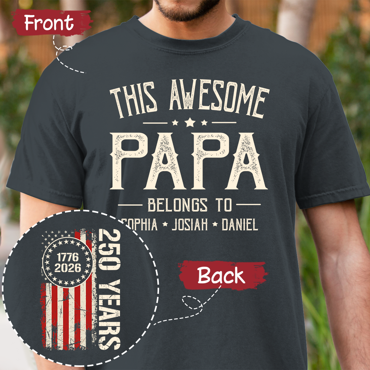 This Awesome Papa Shirt, Personalized Papa Tee with Kids Names, Patriotic 250 Years 1776-2026 Gift for Dad, Family Shirt