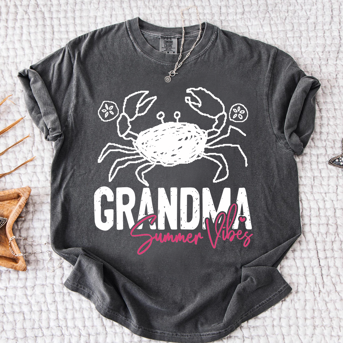 Personalized Grandma Summer Crab T Shirt, Custom Family Names Tee, Cute Crab Beach Graphic Shirt, Gift for Nana and Grandma