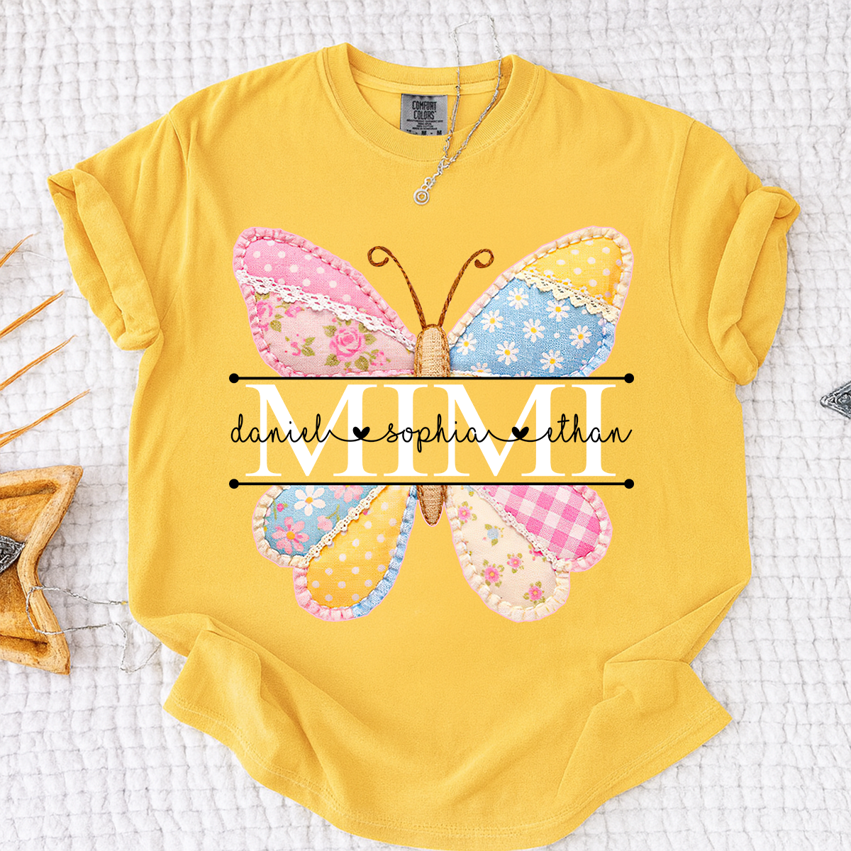 Comfort Colors Vibrant Mimi Shirt with Pink and Yellow Butterfly Patchwork, Custom Grandkids Names