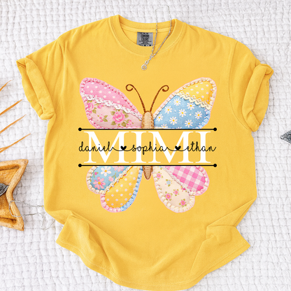 Comfort Colors Vibrant Mimi Shirt with Pink and Yellow Butterfly Patchwork, Custom Grandkids Names